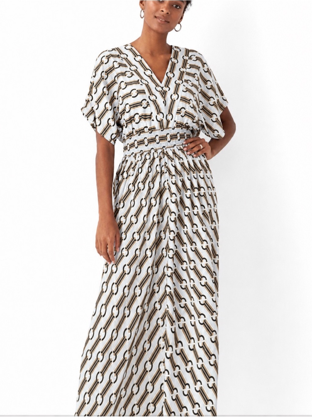 V-Neck Patterned Maxi Dress in light blue, tan, and black, size Large